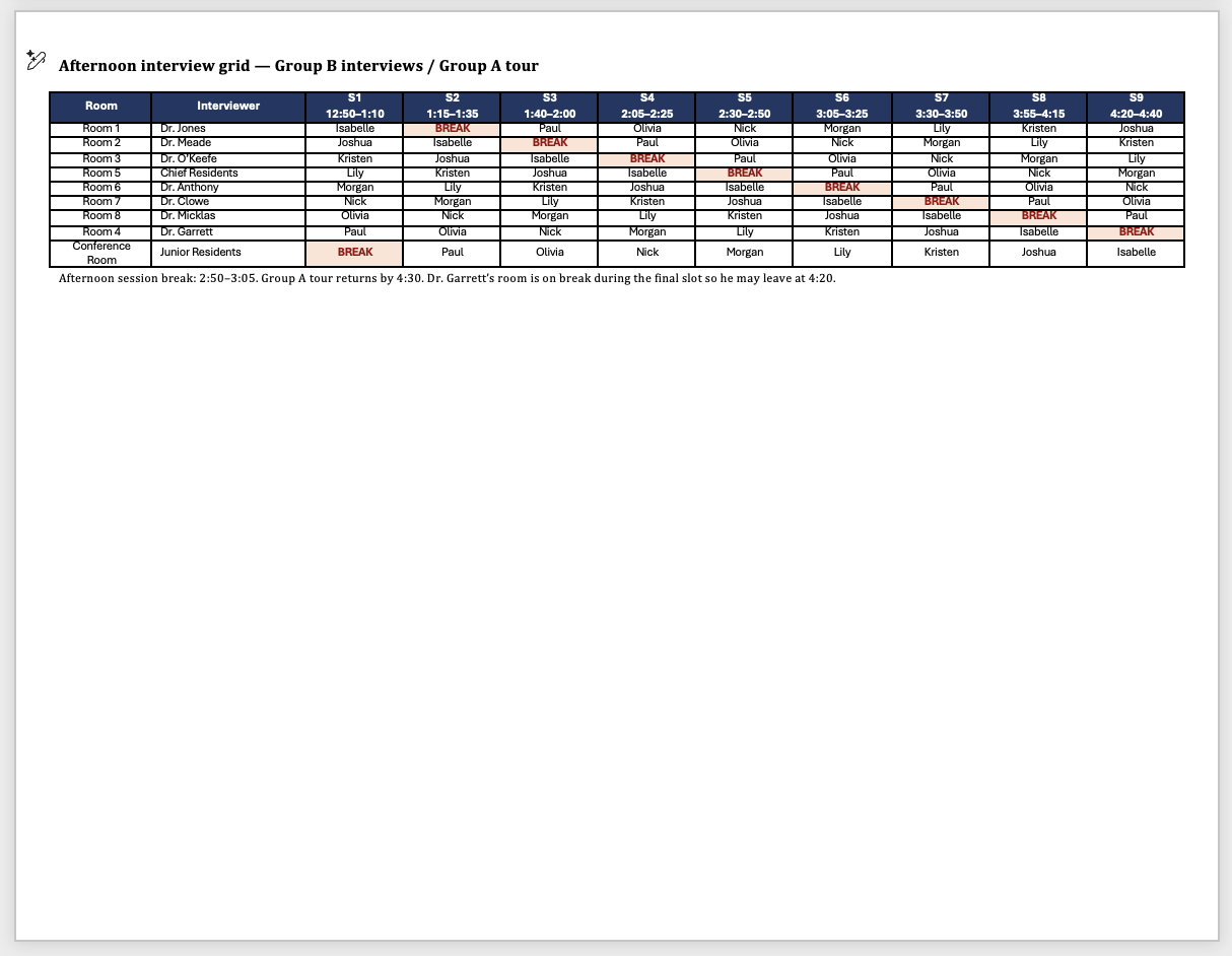 Master interview schedule — afternoon grid